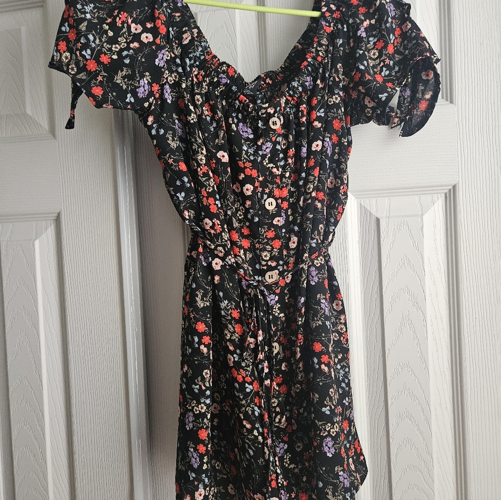 Rue21 Black Floral Off-Shoulder Mini Dress with Red & Purple Flowers